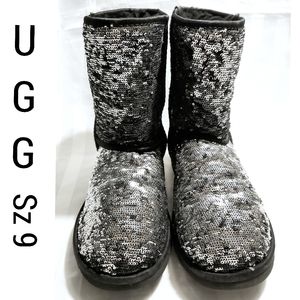UGG Sequin Sparkling Black Silver Classic Short Boots Sz 9